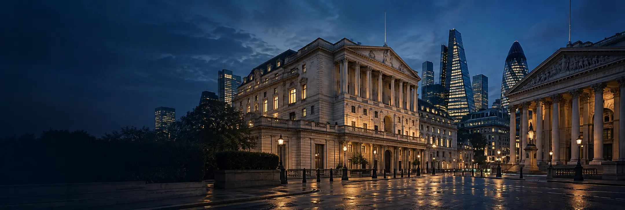 British banking architecture and the City of London financial district at blue hour